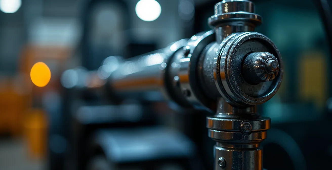 Détail macro d'un vérin hydraulique de télescopique avec gouttelettes d'huile