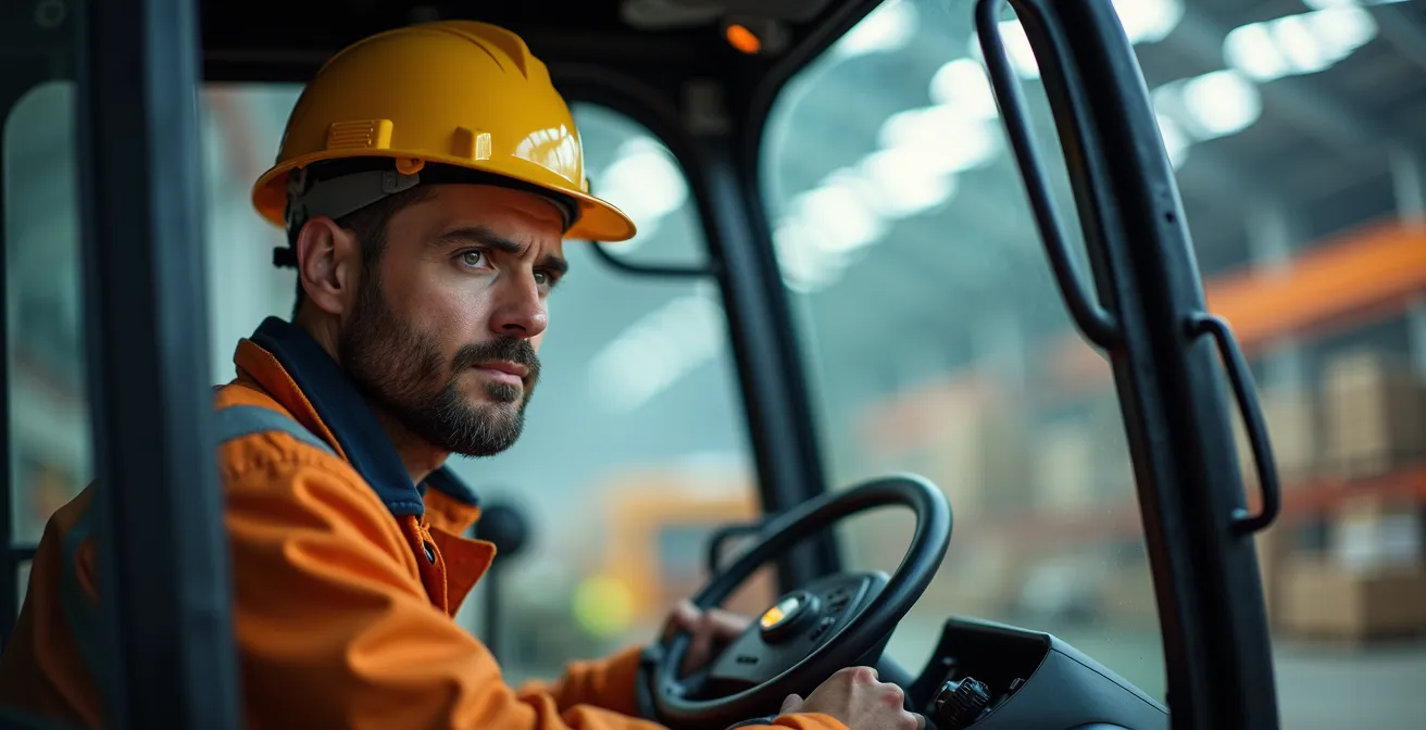 Opérateur concentré aux commandes d'un télescopique manipulant une charge industrielle