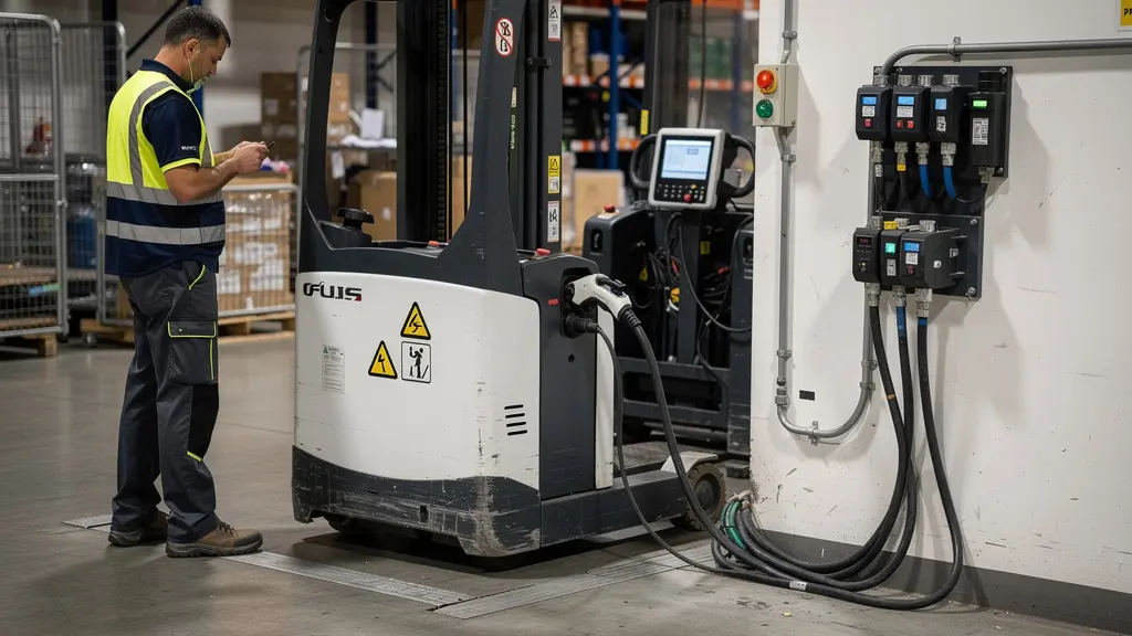 Chariot élévateur électrique branché sur station de charge dans zone technique d'entrepôt