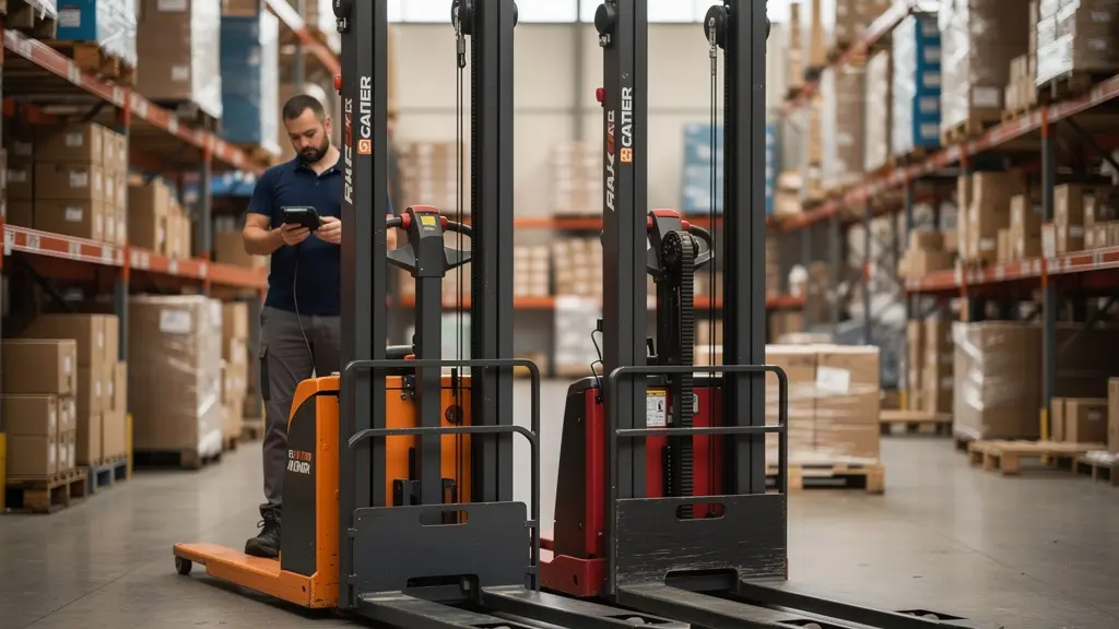 Transpalette électrique et gerbeur côte à côte dans une zone de stockage logistique