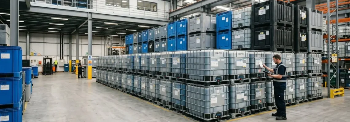 Vue d'ensemble d'un entrepôt logistique moderne avec rangées de bacs palox plastique empilés