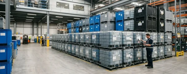 Vue d'ensemble d'un entrepôt logistique moderne avec rangées de bacs palox plastique empilés