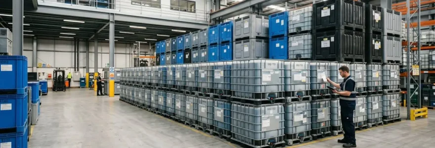 Vue d'ensemble d'un entrepôt logistique moderne avec rangées de bacs palox plastique empilés