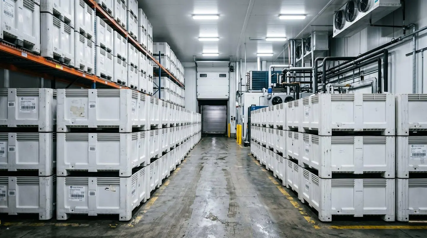 Bacs palox plastique empilés dans une chambre froide d'entrepôt agroalimentaire, parois lisses visibles