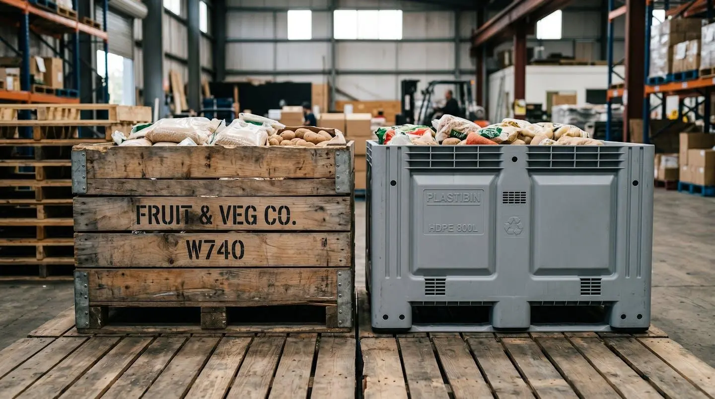 Comparaison côte à côte de bacs palox en bois et en plastique dans un entrepôt agroalimentaire