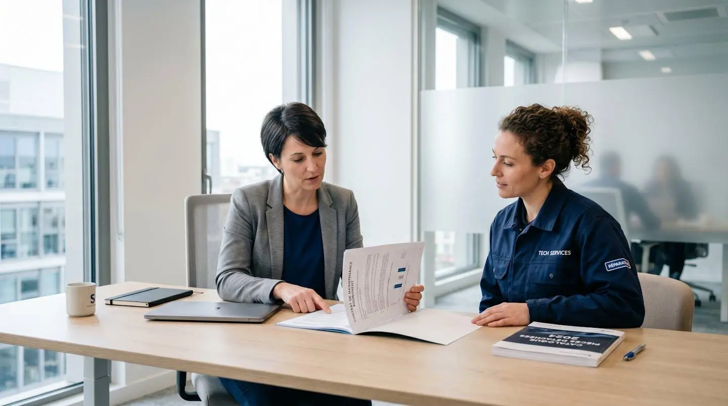 Réunion professionnelle entre responsable logistique et technicien pour l'examen d'un contrat de maintenance d'équipements