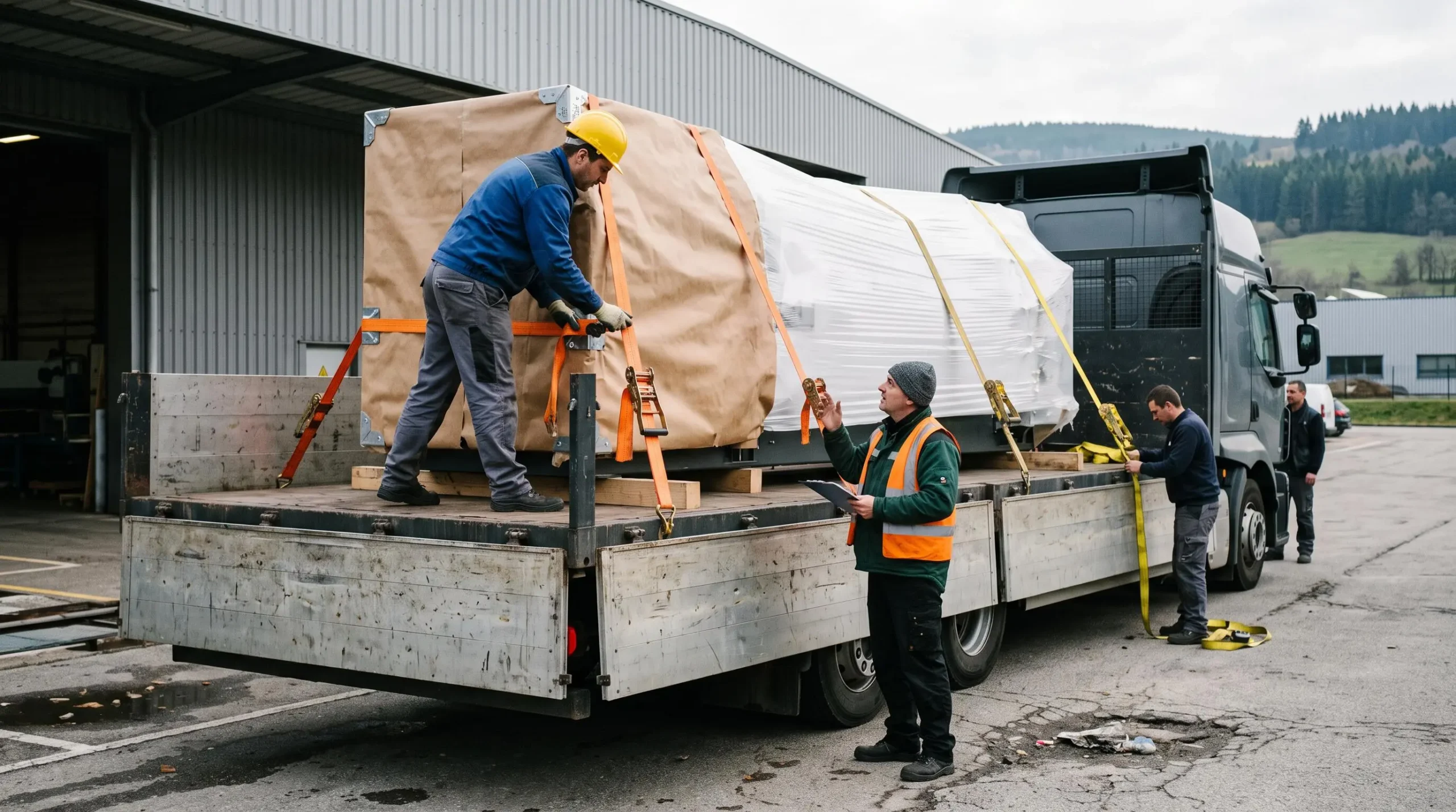 Équipe logistique arrimant une machine industrielle protégée sur un camion de transport spécialisé dans la zone de chargement d'une usine