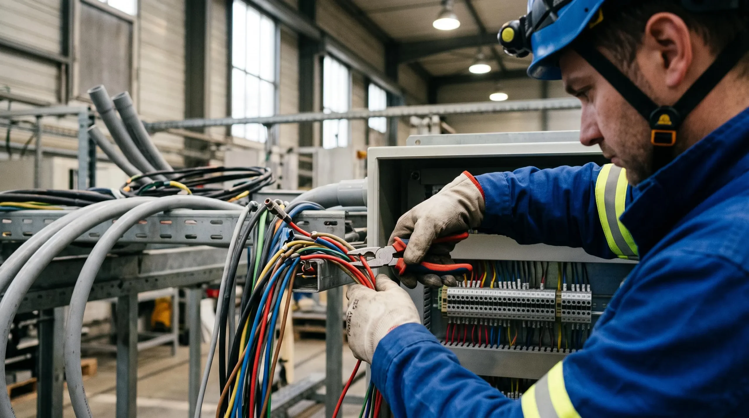 Électricien déconnectant les câblages électriques d'un équipement industriel lors d'une opération de transfert