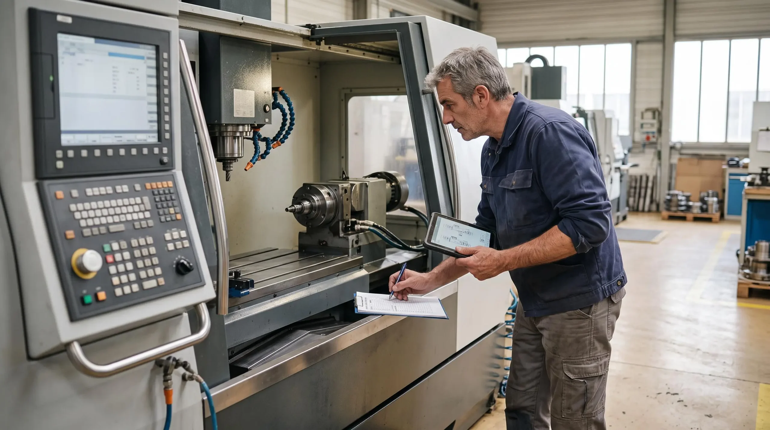 Technicien industriel inspectant un centre d'usinage CNC avant son démontage dans un atelier de production