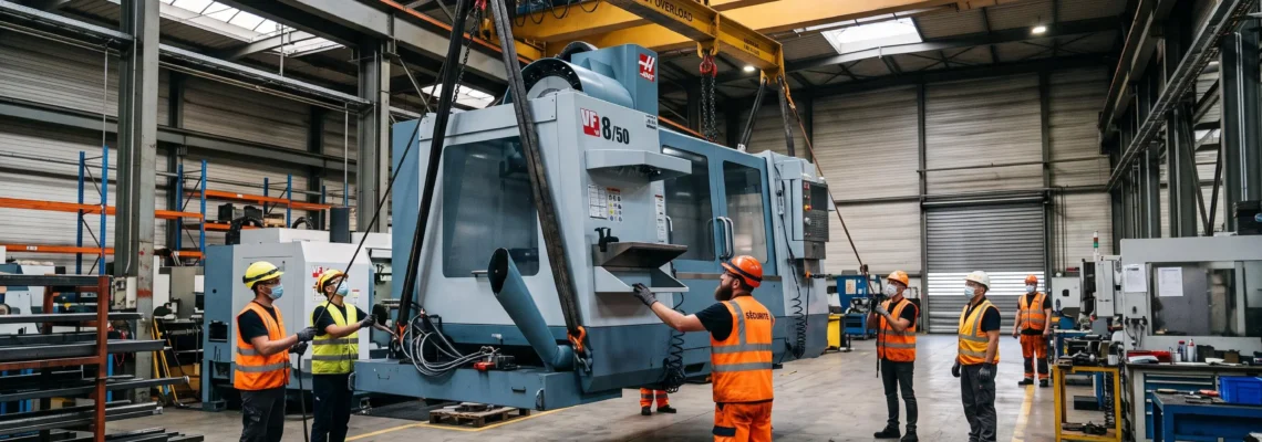Équipe d'opérateurs soulevant un centre d'usinage CNC avec un système de levage industriel à l'intérieur d'une usine