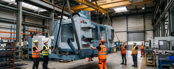 Équipe d'opérateurs soulevant un centre d'usinage CNC avec un système de levage industriel à l'intérieur d'une usine