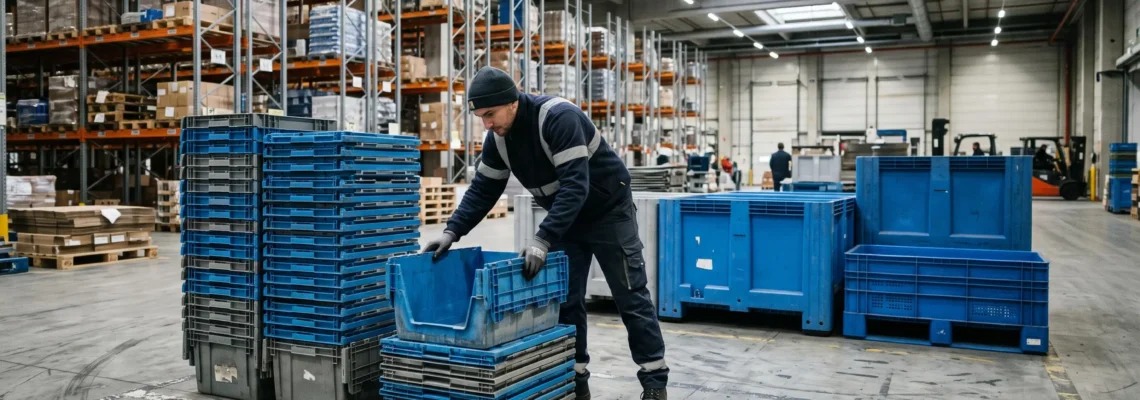 Un manutentionnaire replie un bac plastique plat entre piles de bacs pliés dans un entrepôt.
